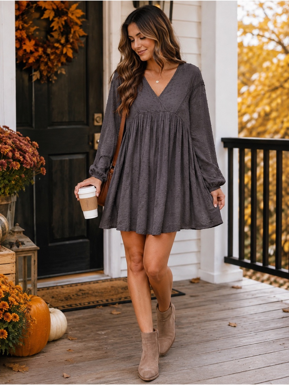 Umgee Charcoal V-Neck Smocked Babydoll Mini Dress Cottagecore Fall Praire Boho